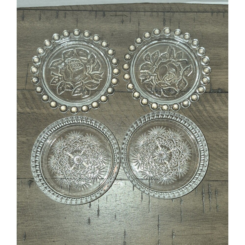 Set 4 Glass Coasters 2 With Roses/Bubble Trim And 2 With Flowers And Ribbed Side